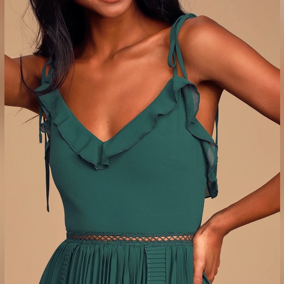 Lulus Never a Dull Moment Emerald Green Tie-Strap Pleated Midi Dress - Picture 2 of 8